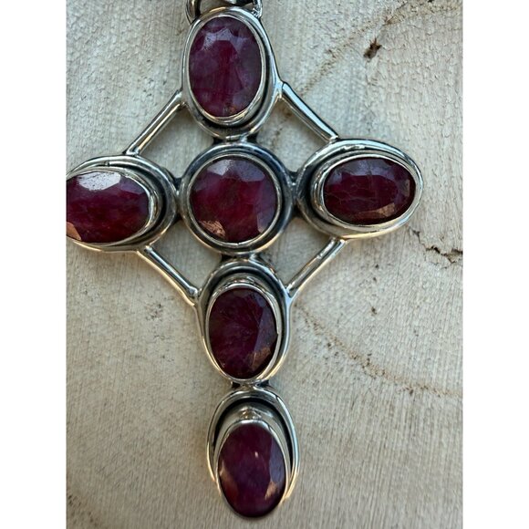 Lg Artisan Ruby Gemstone Cross Statement Pendant Sterling Silver Religious Gift - Picture 5 of 5